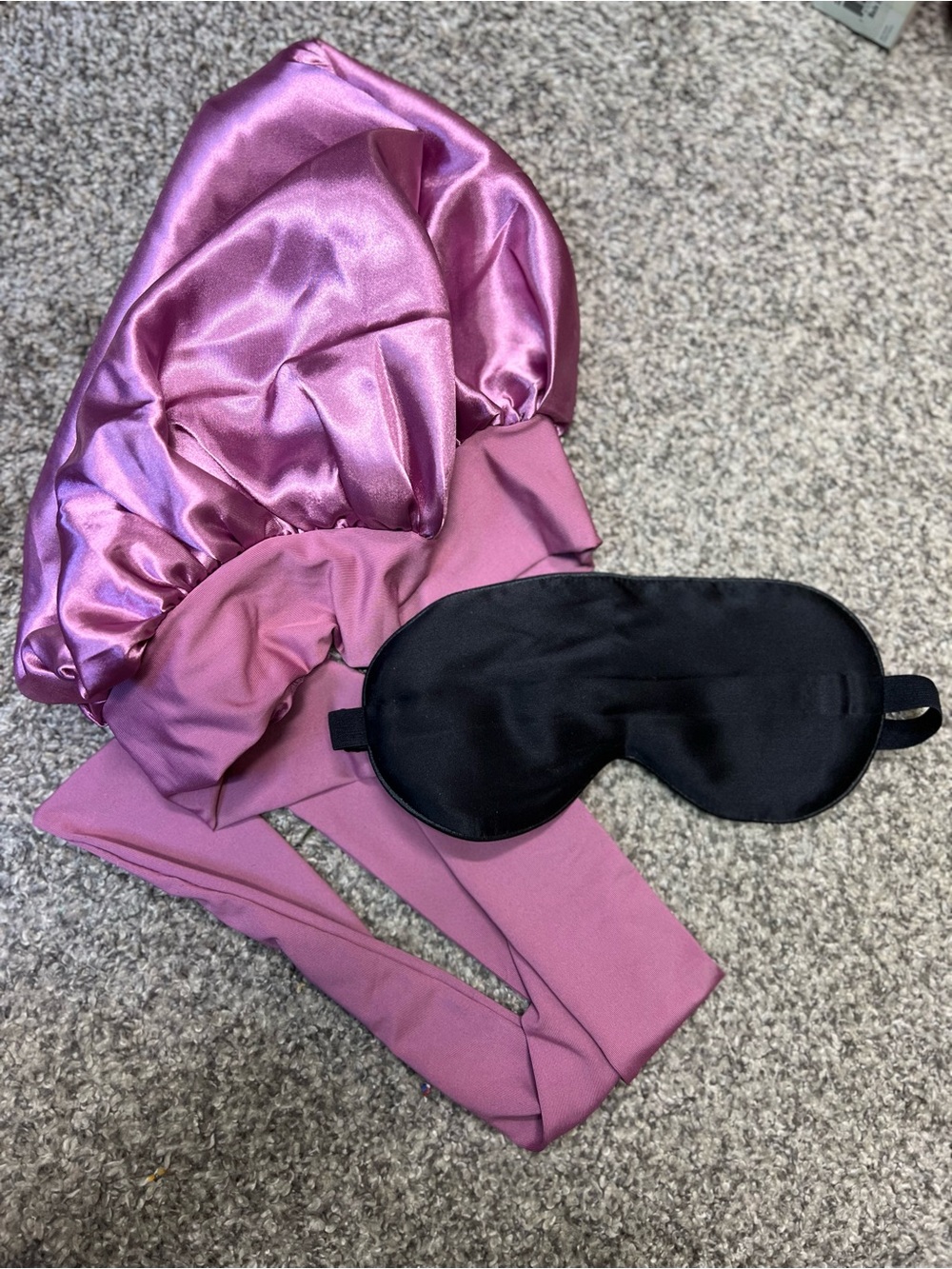 Satin Pillow Bonnet and Black Sleep Mask Set - Pink